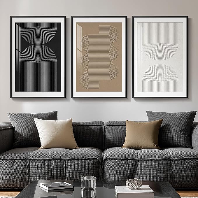 Framed Boho Neutral Abstract Wall Art Set, 3 Piece Canvas Prints, 16x24 In | Modern Minimalist Paintings, Black and White Brown Pictures, Geometric Artwork, Living Room Dining Room Bedroom Wall Decor