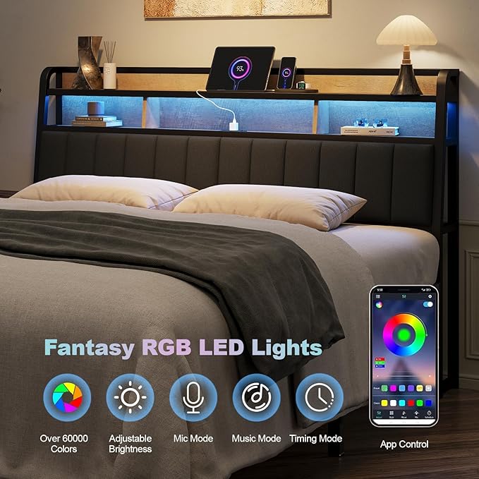 King Headboard Only with Storage, Charging Station, Black & Brown | Upholstered Headboards for King Size Bed with LED Light, Height Adjustable, Sturdy and Stable Headboard