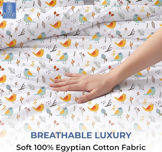 3 Pc Queen Size Duvet Cover Set- 100% Egyptian Cotton 600 Thread Count Ultra Soft Premium Durable Comforter Cover Zipper Closure & Corner Ties (Forest Birds,Queen/Full 90" X 90")