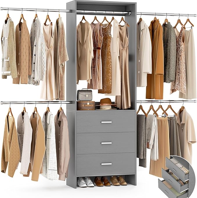 Aheaplus Closet System, 4.2-9Ft Closet Organizer with with 4 Rods, Grey | for Walk in Closet, Wardrobe Clothes Rack with Wooden Drawers, Garment Rack