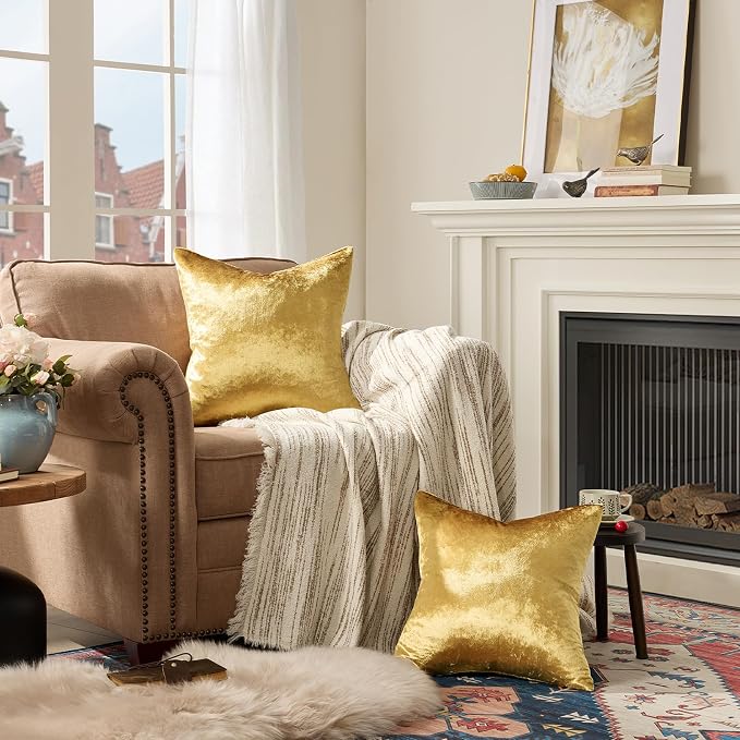 GIGIZAZA Gold Velvet Pillow Covers 22x22 Decorative Pillows Pack of 2 | Throw Pillows for Couch Sofa,300gsm Soft Textured Fabric,Modern Square Accent Pillowcases,Luxury Cushion Covers