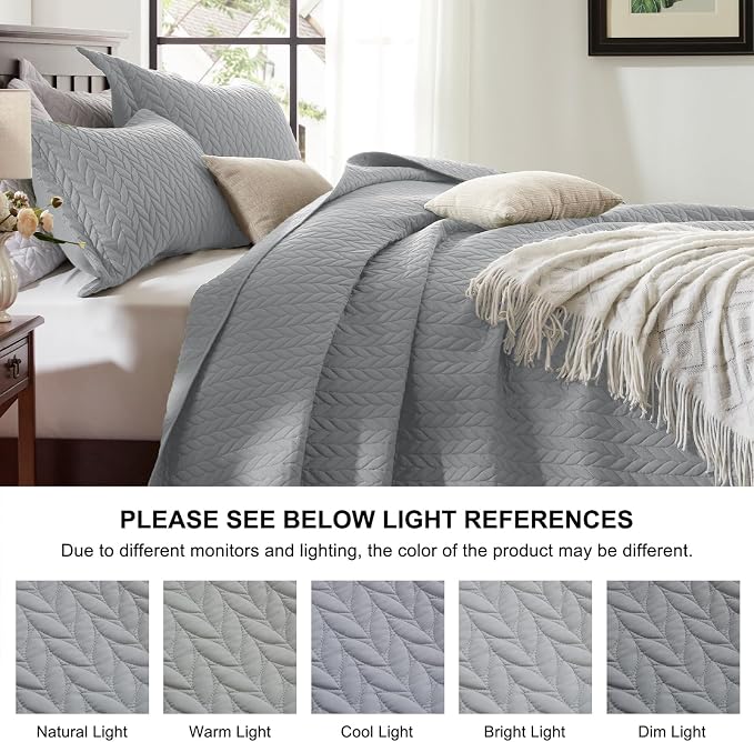 SunStyle Home Queen Quilt Bedding Set, Lightweight Bedspreads,Light Grey | Soft Coverlet With 2 Pillow Shams,Morden Style Quilts for All Season, Suitable for Bed,Couch,Bedroom,Guest Room,90"X96"