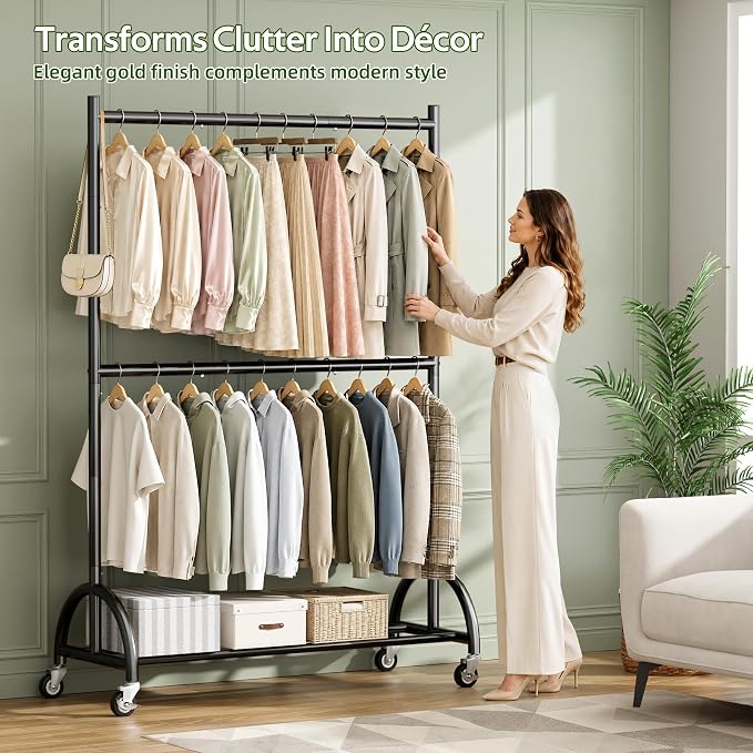MISSLO Heavy Duty Clothing Racks for Hanging Clothes Double Rod Rolling Closet Rack with Wheels for Coats, Garment Storage, Black