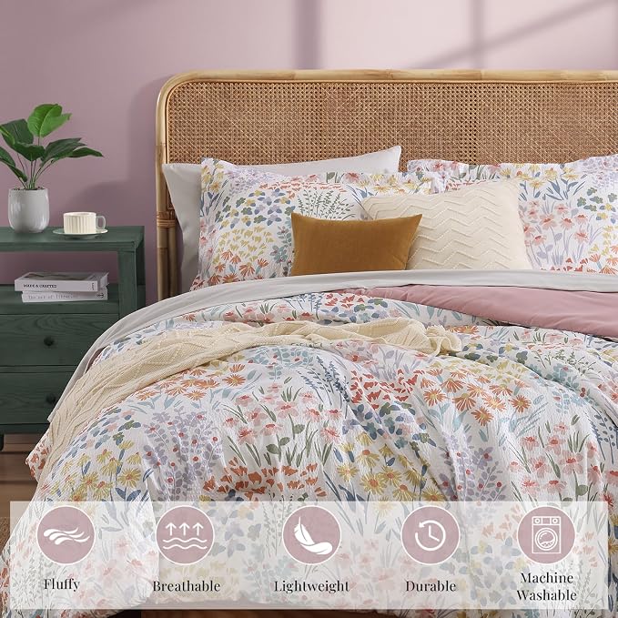 Queen Comforter Set - 7 Pieces Soft Floral Bed in a Bag Queen Bedding Sets | All Season Botanical Texture Flowers Comforter Set with Sheets, Pillowcases & Shams