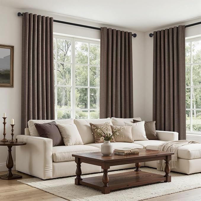 Topfinel 96 Inch Blackout Linen Curtains 2 Panel Set for Living Room Darkening Back Tab Thick Linened Textured 100% Black Out Drapes 96 Inches Long Light Blocking Kids Bedroom Dark Brown