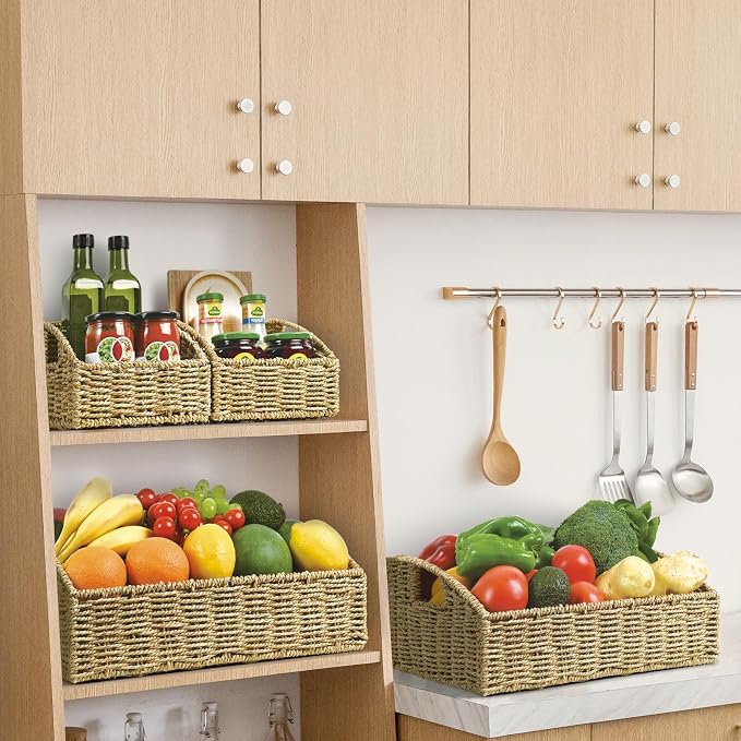 Pantry Baskets Organization, Wicker Storage Basket Green | Handwoven Pantry Organizers and Storage with Built-in Handles, Laundryroom Organization Storage Bins for Snack Cans