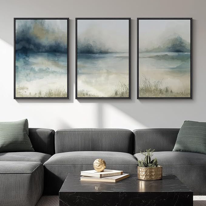 Large Framed Blue Abstract Landscape Wall Art, 3 Piece Set, Each 20x30 In | Misty lake mountain pictures, Watercolor canvas prints, Nature painting, Artwork for wall, Wall decor for living room bedroom