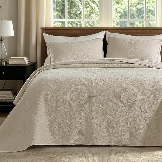 GOONE 100% Cotton Quilt King Size Bedding Quilt Sets 108x98 in, Light Beige | Stitched Medallion Pattern Lightweight Bedspread with 2 Pillow Shams, Shabby Chic Farmhouse Country Coverlet for All Season