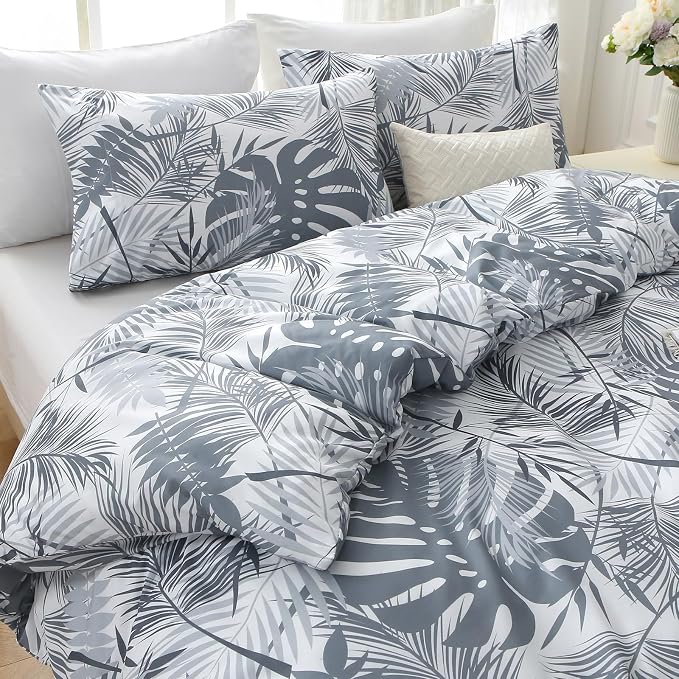MUXHOMO Duvet Cover Twin/Twin XL Size Set, Reversible Floral BlackGrey Duvet Cover with Zipper Closure, 2 Pieces Botanical Patterns Soft Microfiber Bedding Set with 4 Ties (68"x90", 1 Pillow Case)
