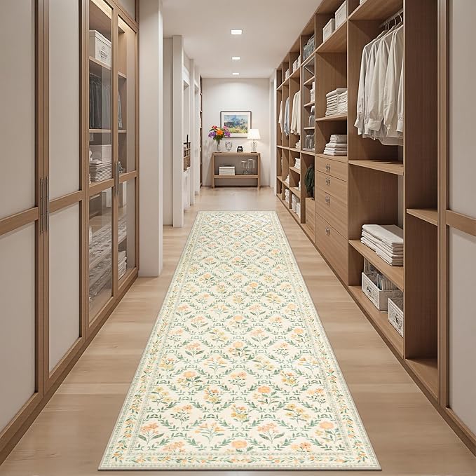 PLHXFR 2.6x10 Washable Runner Rug：Floral Indoor Kitchen Carpet Beige Multi | For Hallway Bedroom Kitchen Laundry Bathroom Dorm,Vintage Floral,Machine washable,Non Slip,Stain Resistant,Indoor Floor