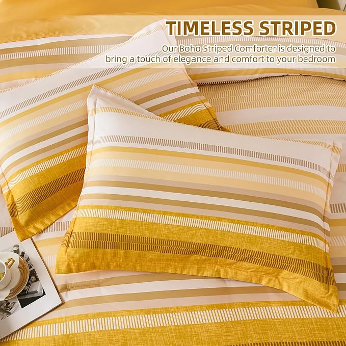 Dobuyly Yellow Comforter Set Queen Size 7 Piece, Boho Striped Bed in a Bag Queen Soft Microfiber Bedding Sets with Comforter, Sheets, Pillowcases & Shams All Season