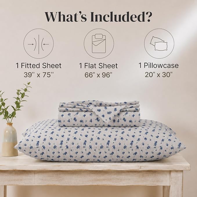 Modern Threads 3-Piece Ultra Soft Microfiber Bed Sheets Set, Wrinkle Free Sheets with Deep Pockets Fitted Sheet, Flat Sheet & Pillowcases, Lightweight Breathable Bedding, Blue Roses, Twin