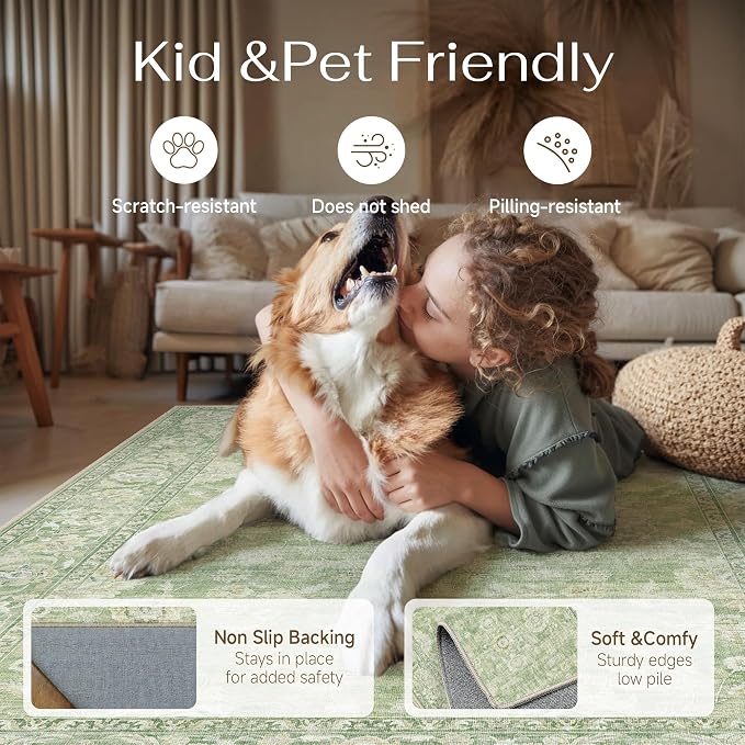 6x9 Green Neutral Area Rug | Washable, Vintage, Soft, Non Slip, Low Pile, Distressed, Carpet for Living Room Bedroom Dining Room Nursery Home Decor