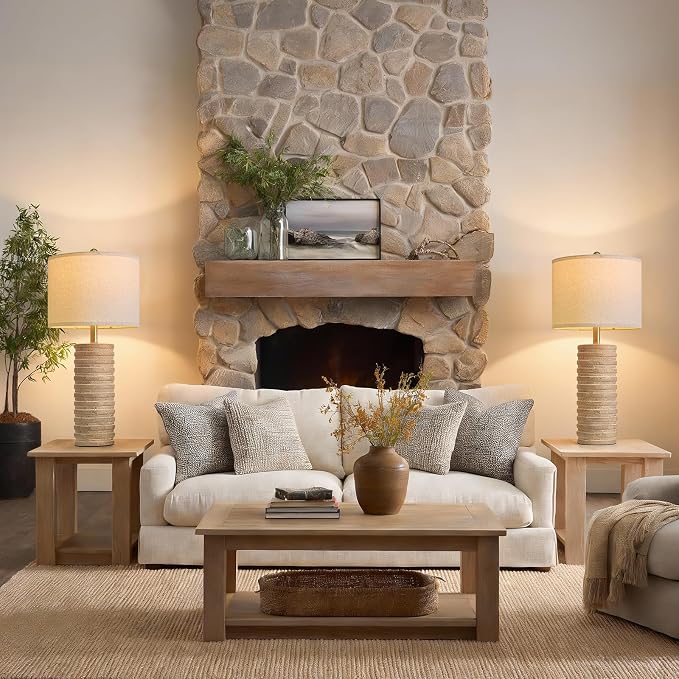 PoKat 27'' Farmhouse Table Lamps Set of 2 for Living Room, Stone Like | Bedside lamp for bedroom, boho and distressed style, hand-textured ceramic design, tall lamp decor for sideboard & entryway