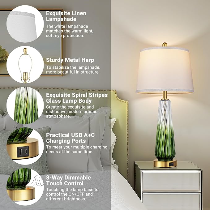 Modern Glass Table Lamps Set of 2, 27.5" Bedside Lamp for Bedroom, Green | 2 LED 3-Way Dimmable Bulb Included, Touch Control, USB A+C Charging Ports, Living Room Nightstand Lamp, Gradient Glass, 2700K