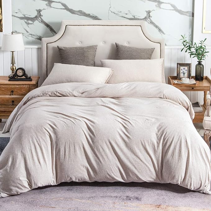PURE ERA Jersey Knit Duvet Cover Set 100% T-Shirt Cotton Super Soft Comfy 3pc Bedding Set with Zipper Closure (Heather Beige, Queen) | 100% Cotton, 3 Piece Set, T Shirt Soft, Breathable, Envelope Closure Pillowcases, Hidden Zipper, 8 Ties, No Insert, M...