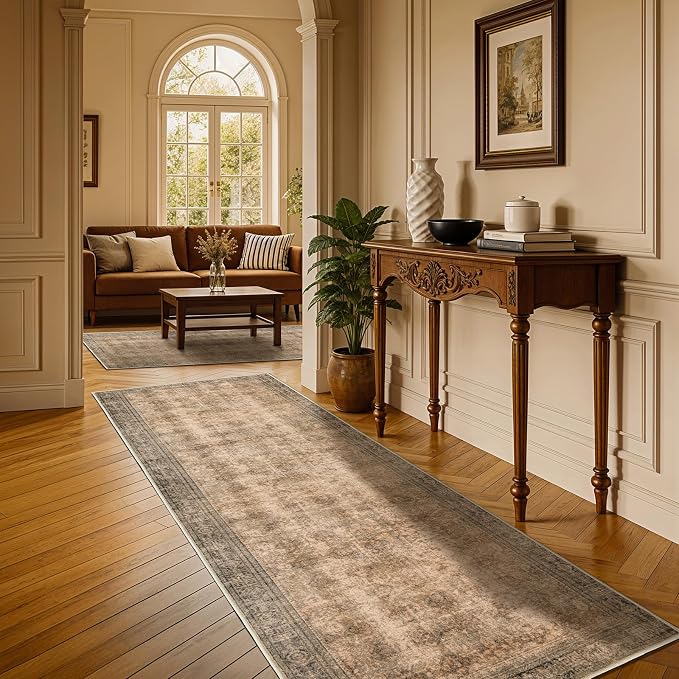 LIANLAM 2x6 Washable Area Rug, Vintage Boho Traditional Pattern, Non-Slip Stain Resistant Rug for Living Room Bedroom(2x6,Brown/Boho)