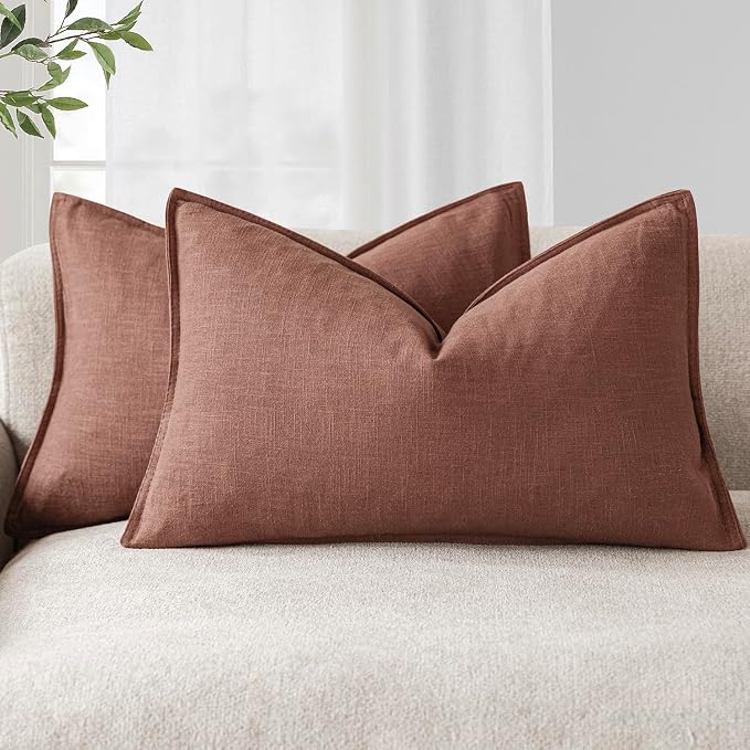 Foindtower Decorative Linen Lumbar Throw Pillow Covers 12x20 Inch Rust Red | Pack of 2 Boho Farmhouse Pillowcase,Accent Neutral Solid Cushion Covers,Morden Home Decor for Couch Sofa Bedroom Living Room