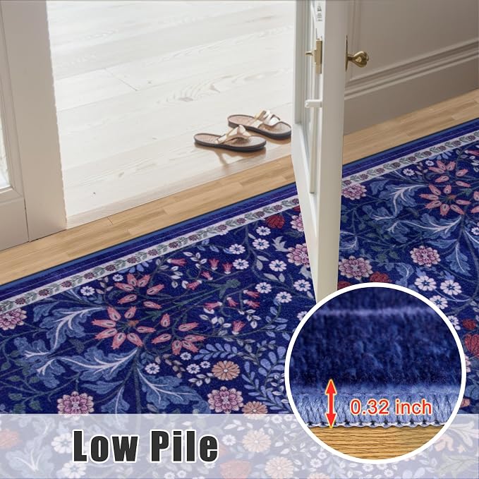 PLHXFR 2.6x8 Washable Runner Rug：Floral Indoor Kitchen Soft Carpet Blue | For Hallway Bedroom Kitchen Laundry Bathroom Dorm,Vintage Floral,Machine washable,Non Slip,Stain Resistant,Indoor Floor