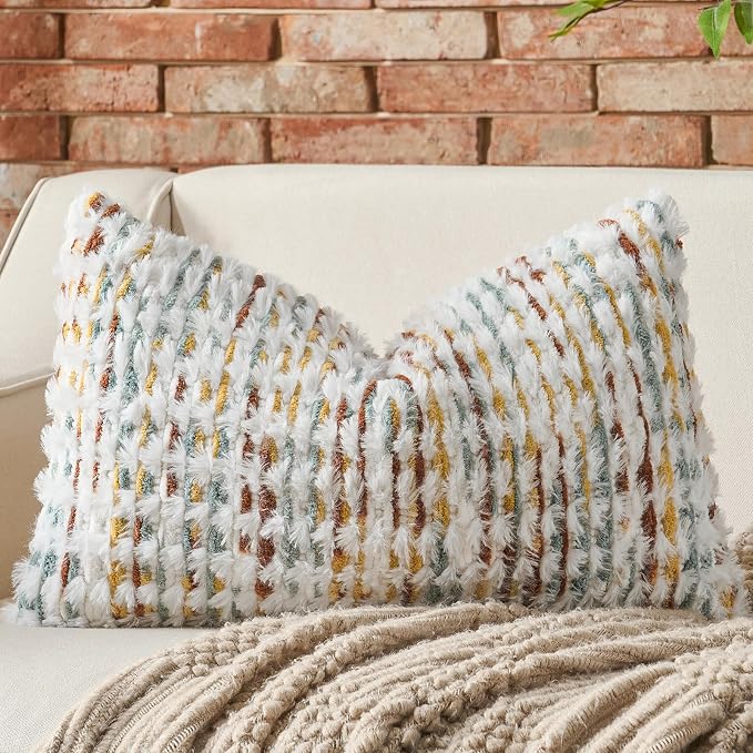AmHoo Boho Chenille Pillow Cover Decorative Tufted Pillowcase for Couch Bed Sofa Bedroom Living Room Modern 12 x 20-Inch Brown White
