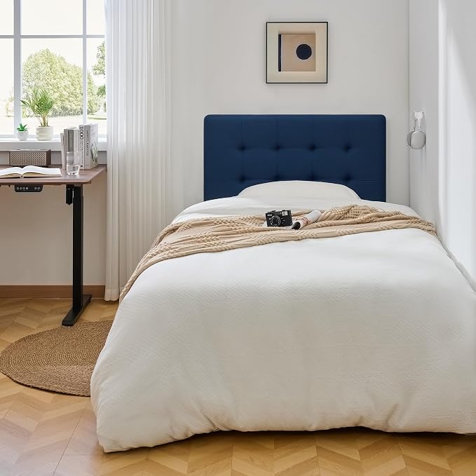 Linen Stitched Tufted Twin Headboard, Adjustable Height 37.2-46 in, Blue | Wood Twin Headboard Only, Padded Support for Reading, Relaxing or Working in Bed, Stable Non-Slip Design, Fits Bed Frame