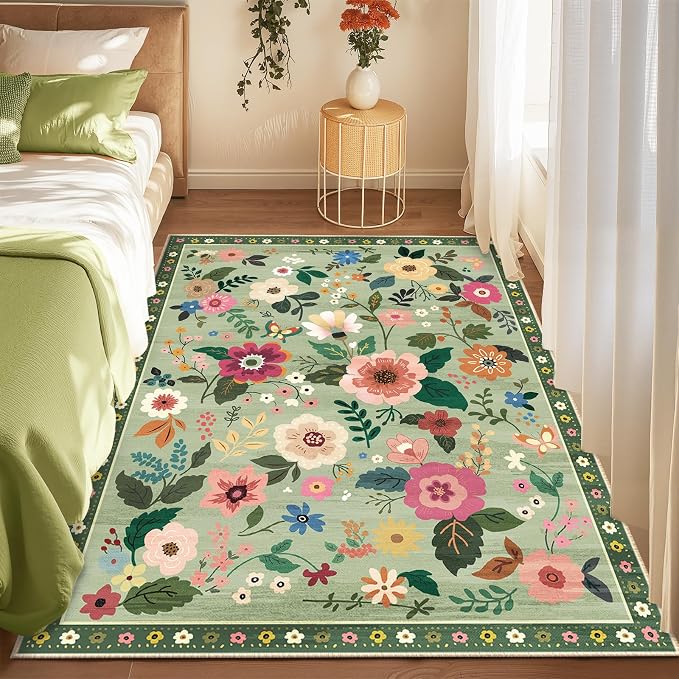 RELEANY Floral Washable 3x5 Area Rugs LightGreen | Flower Carpet, Print, Boho, Non-Slip, Easy to Clean, Soft, Low Pile for Living Room Bedroom Kitchen Office Entryway Hallway