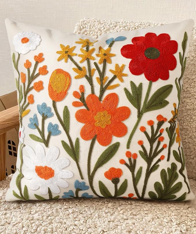 Embroidered Throw Pillow Cover 20x20 Inch, Flower Cluster | Decorative Pillow Cover, Floral Farmhouse Cushion Case with Hidden Zipper, Home Decor for Couch, Sofa, Living Room, Bedroom