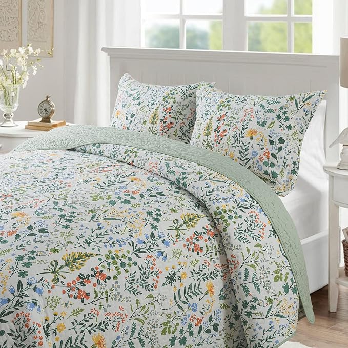 Cotton Bedspread Quilt Sets-Reversible Patchwork Coverlet Set, Green Classic Floral Pattern, Queen Size