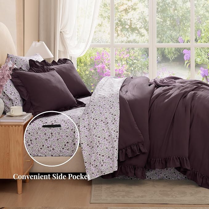 Oversized King Comforter Sets-7 Pieces Ruffle Bedding | Purple Bed in a Bag, Soft Lightweight All Season Farmhouse King Size Bedding Sets with Floral Sheets, Pillowcases & Shams