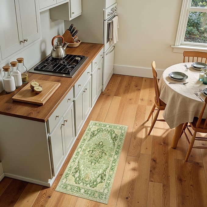 RELEANY Washable Area Rug, Small 2'x4', Green/Yellow | Non-Slip, Water Repellent, Pet Friendly, Easy to Clean, Vintage Floral Boho Decor for Kitchen Entryway Bathroom