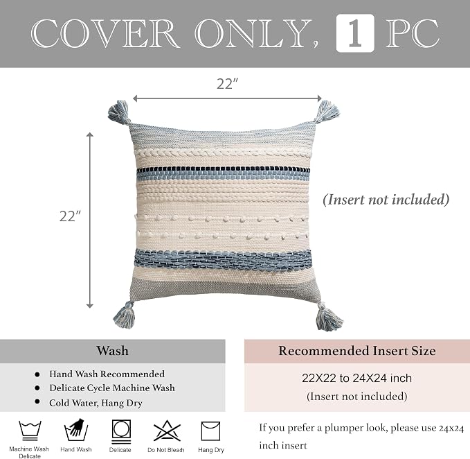 Coastal Blue Boho Decorative Throw Pillow Cover 22x22 Modern Bohemian Accent Pillow Case Square Woven Textured Farmhouse Pillows for Couch Bed (Pack of 1)