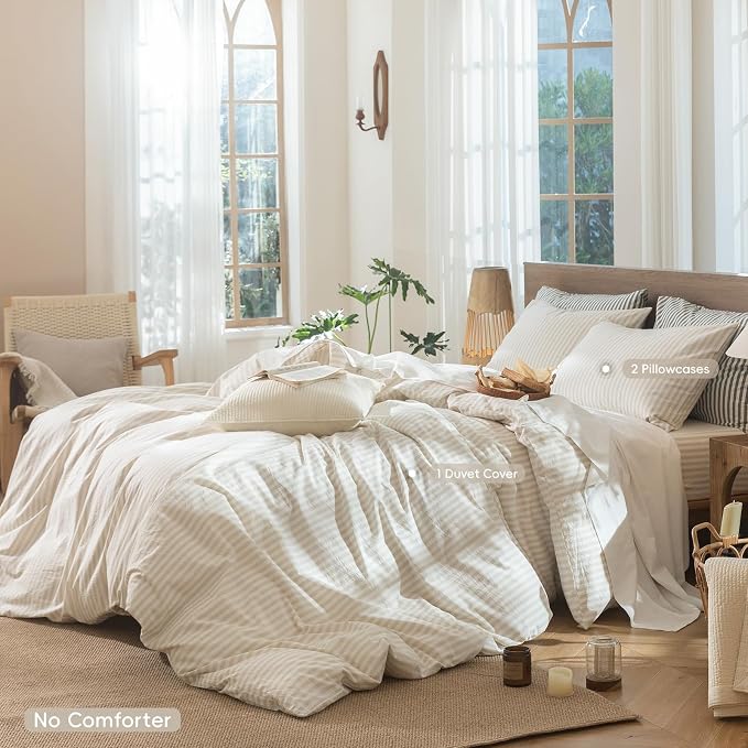 MooMee Striped Duvet Cover Set 100% Washed Cotton Linen Like Queen | Relaxed Linen-like Texture. Soft, Breathable & Long-lasting Comfort. Lightweight. Hidden Zipper with 8 Interior Corner Ties