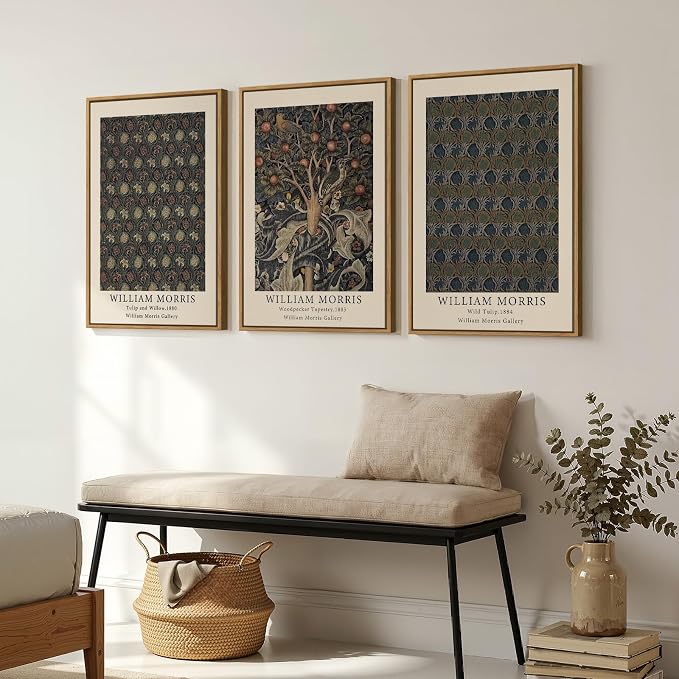 Framed Vintage William Morris Botanical Floral Canvas Wall Art, 3 Piece | Rustic nature, Retro classic, Illustration prints, 30x60 inch, Living room, Bedroom, Dining room, Hallway decor