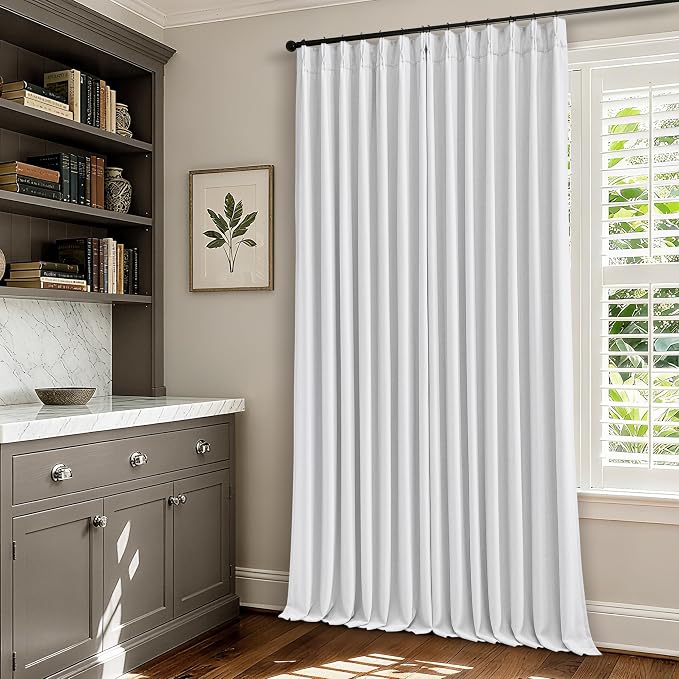 TWODRAPES Snow White Pleated Linen 100% Blackout Curtains 90 Inches Long | Pinch Pleat Back Tab, Linen Drapes with Liner, Black Out Thermal Insulated, Energy Saving Curtains for Living Room Bedroom