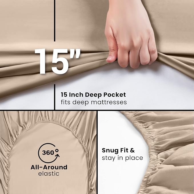Pack of 2 Twin XL Fitted Sheet, Fits Up to 16 Inch Deep Pocket, Beige | Hotel Comfort, Cooling & Breathable Cotton like Polyester, Easy Fit, Wrinkle & Fade Resistant, Snug Fit, Easy Care, Oeko-Tex