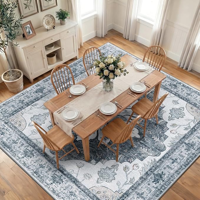 RELEANY Washable Area Rug, Square 10'x10', Grey/White/Beige | Non-Slip, Water Repellent, Pet Friendly, Easy to Clean, Vintage Floral Boho Decor for Living Room Bedroom Dining Room