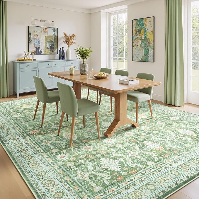Area Rugs 8 x 10 for Living Room,Large Washable Carpet Light Green | Durable Stain Resistant,Kid Pet Friendly,Compatible with All Vacuums,0.25inch Low Pile for Bedroom Dining Room Home Office