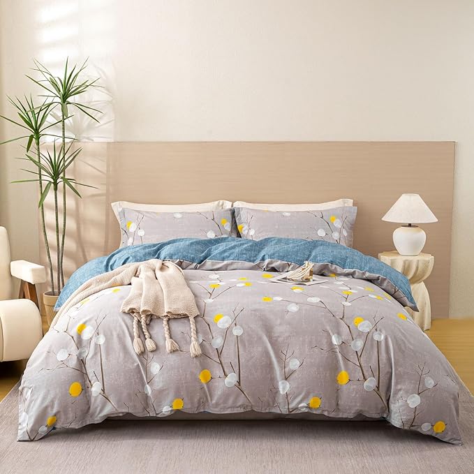 OAITE King Duvet Cover Set 3pcs 100% Cotton with Grey Abstract Branch | Soft, Breathable,Long-lasting,Comfort,Dual Zipper,8 Corner Ties,Easy Care for All Season