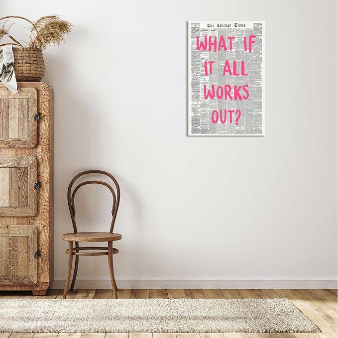 What If It All Works Out Poster Retro Newspaper Pink Font Canvas Wall Art Positive Affirming Quote Minimalist Prints Painting For Home Bedroom Dorm Wall Decor 24x36in Wframed