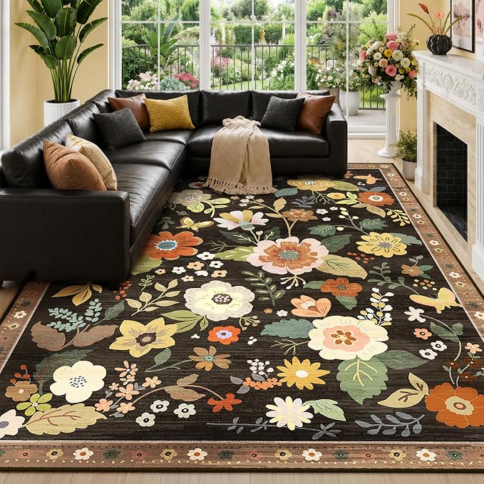 RELEANY Floral Washable 8x10 Area Rugs Black/Yellow | Flower Carpet, Print, Boho, Non-Slip, Easy to Clean, Soft, Low Pile for Living Room Bedroom Kitchen Office Entryway Hallway