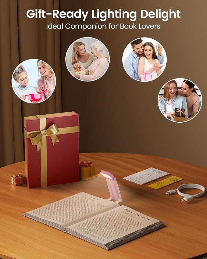 Glocusent Eye-Caring 12 LED Book Light, Compact Rechargeable Reading Light | Wide Full-Page Lighting, 5 Colors & 5 Brightness, Eye-Caring Bed Reading, Up to 100Hrs, Book Lovers, USB-C Rechargeable