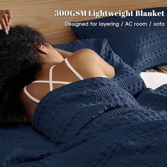 PHF Lightweight 100% Cotton Waffle Throw Blanket for Couch, Blue Sapphire | Pre-Washed Soft Cotton Comfort, Breathable Layering Warmth for Fall & Winter, Office, Travel, Sofa, Home Decor & Gifts
