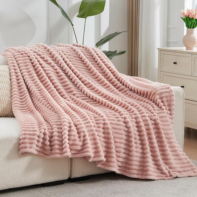NEWCOSPLAY Fleece Ribbed Cozy Twin Blanket for Couch, Pink, 60"x80" | Premium Silky Flannel Blanket, Soft Lightweight Fluffy Throw Blanket for Bed Sofa Decor, Gift for All Season Use