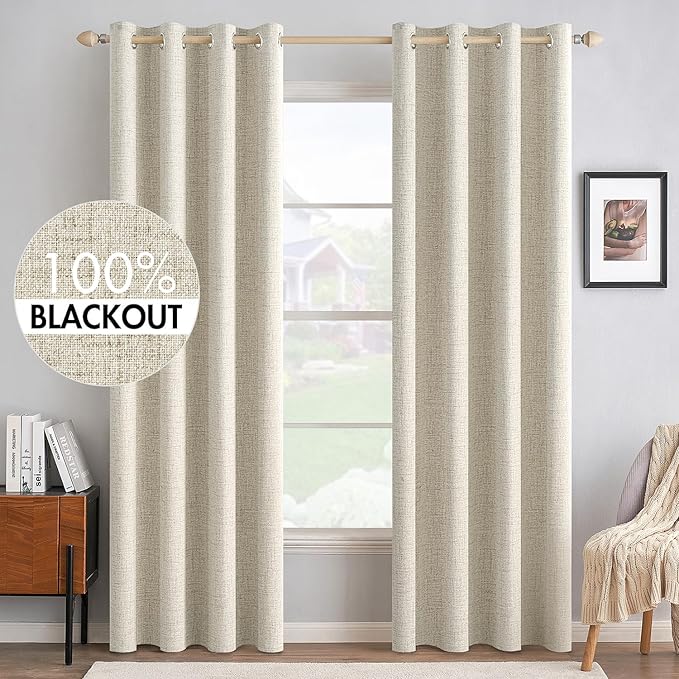 MIULEE 100% Blackout Linen Curtains for Bedroom 52x90 Inches Cream | Room Darkening, Light Blocking, Thermal Insulated, Grommet Top, Linen Textured, Window Curtains for Living Room, 2 Panels