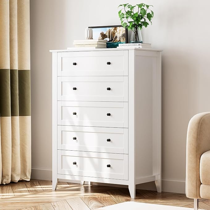 Garvee 5 Drawer Dresser for Bedroom, Modern Tall Chest of Drawers with Metal Knobs, Wooden Clothes Storage Organizer for Closet, Nursery, Living Room, Apartment, White | Lacquered Finish, Metal Knobs, Clothes Storage Organizer for Closet, Nursery, Livi...