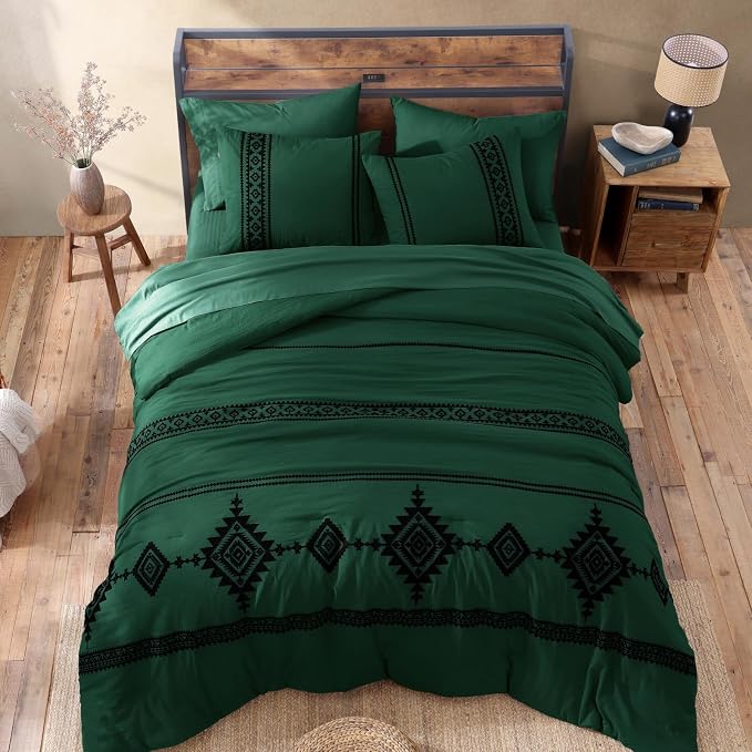 MaiRêve Embroidery King Size Comforter Set 7 Pieces Western Bed in a Bag | Emerald Green Boho Farmhouse Bedding Sets with Comforter, Sheets, Pillowcases & Shams