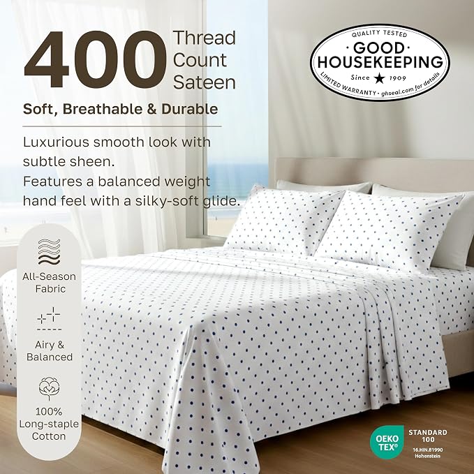 California Design Den Soft 100% Cotton Sateen Twin XL Bed Sheets Set, 3 Pcs | 400 Thread Count Backed by Good Housekeeping Seal, All-Around Elastic, Durable, Easy Care - Polka Dot Print