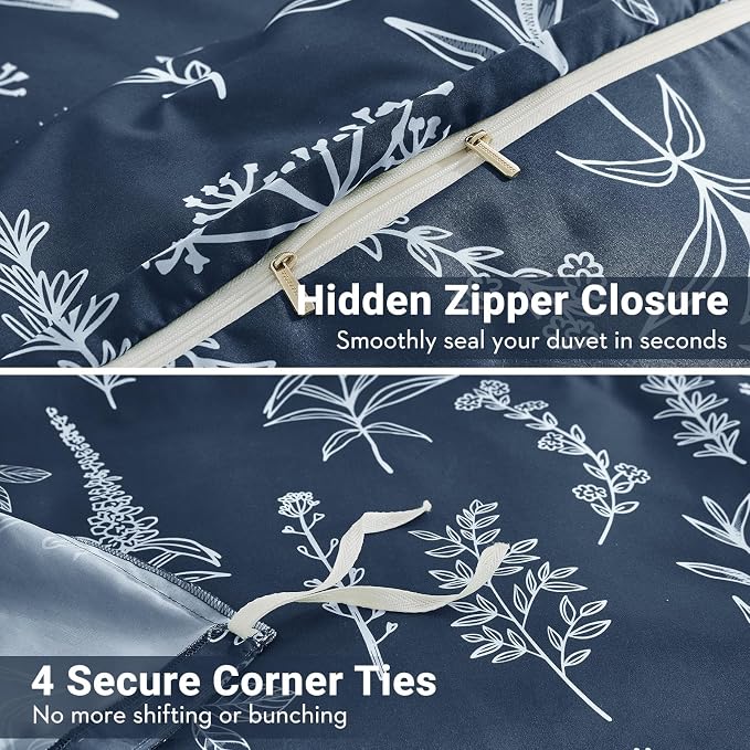 MUXHOMO Duvet Cover King Size, Reversible Floral Navy Duvet Cover Set with Zipper Closure, 3 Pieces Botanical Patterns Soft Microfiber Bedding Set (90"x104", 2 Pillow Cases 20"×36")