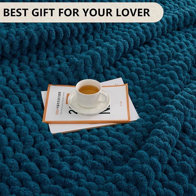 L'AGRATY Chunky Knit Throw Blanket for Couch, 60'' x 80'' Knit Throw, Blue | Handmade Chenille Crochet Blanket for Sofa Bed, Thick Cable Knitted Blankets for Room Home Decor, Birthday Gift for Women Mom