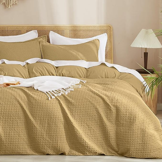 PHF Waffle Duvet Cover Queen, Ultra Soft & Breathable, 90"x90", Antelope | 300GSM Fabrie，No Snagging Textured Honeycomb Comforter Cover for All Season 3pcs, Durable Bedding Duvet Set, Home Decor Gift